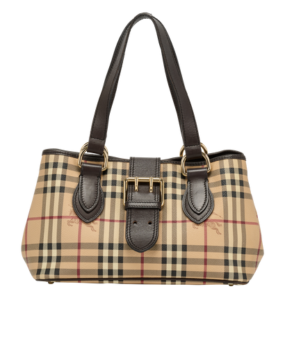 Check Shoulder Bag, &pound;295, Handbags, Beige/Brown, Canvas, Front view